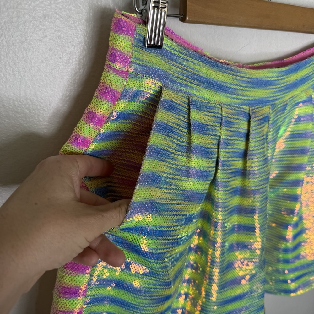 Queen Of Sparkles Neon Stripe Sequin Shorts Pink Yellow/green Women's Medium - Picture 4 of 12